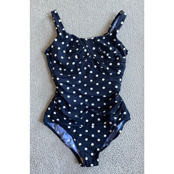 Lands End One Piece Swimsuit 8 Medium Polka Dot Twist Crossback Blue Classic - Picture 1 of 14